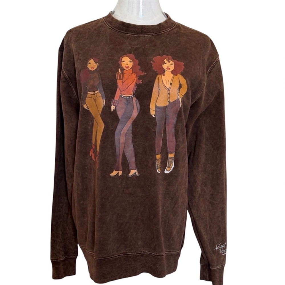 Trendy Brown Sweatshirt with Artsy Fashion Graphic Size S